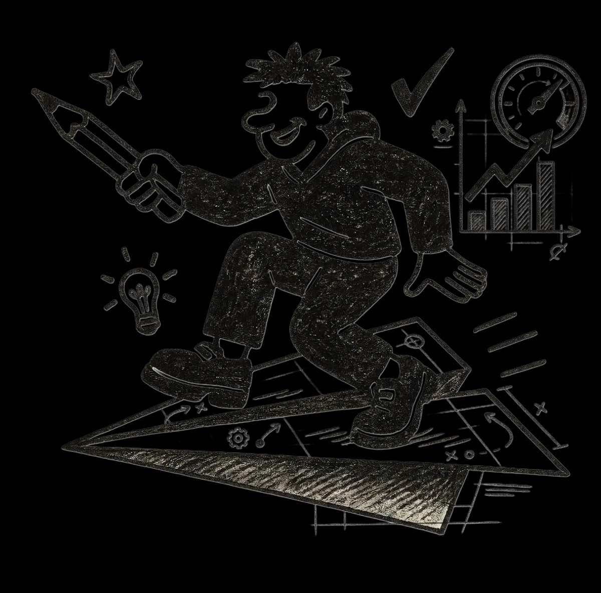 Illustration of a person surfing a strategy board with a pencil