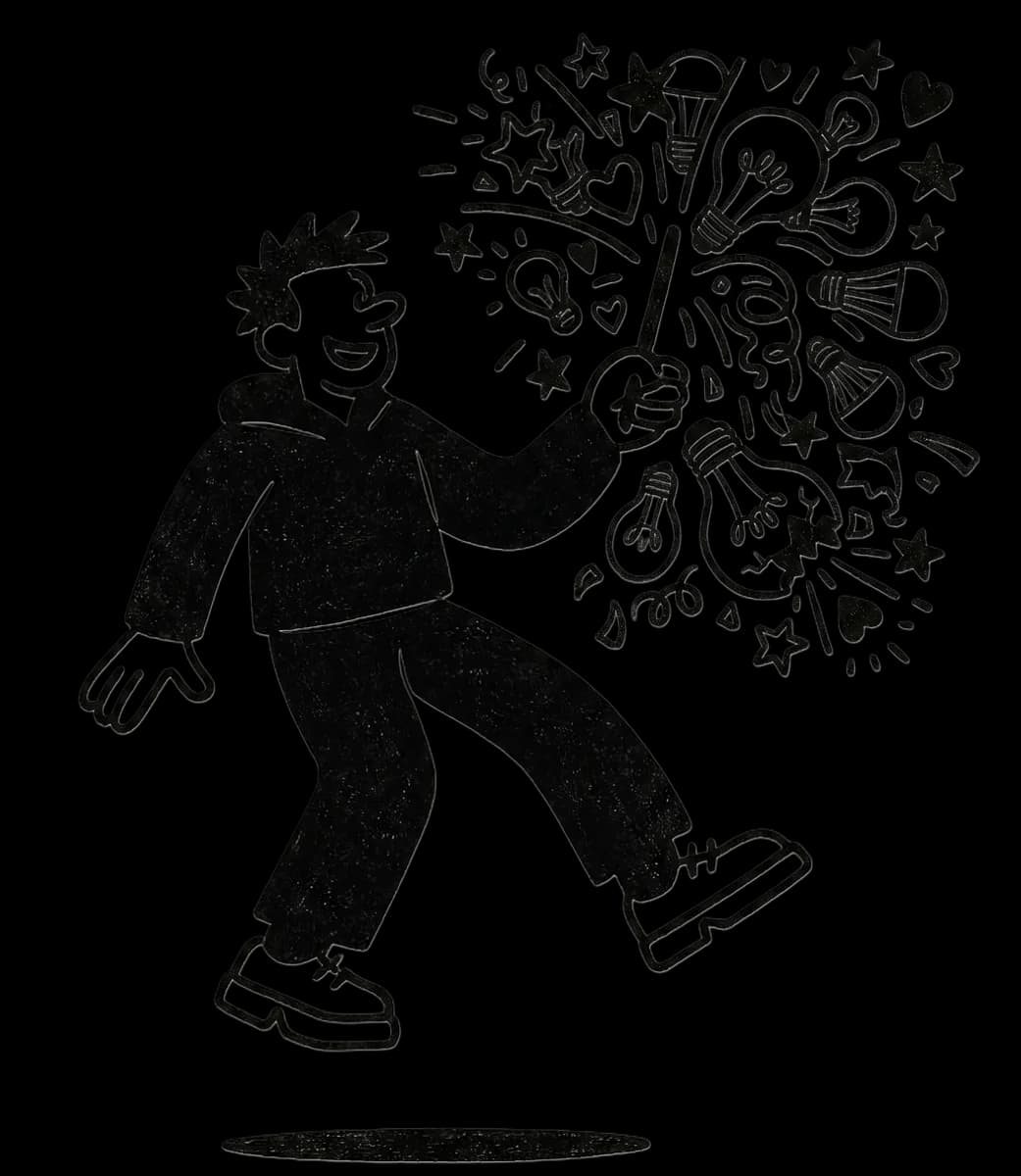 Illustration of a person conjuring sparks of lightbulbs and stars