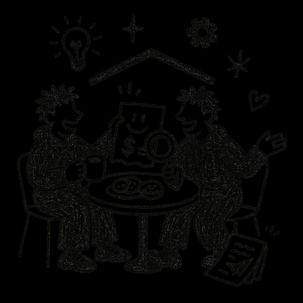 Illustration of two people chatting over coffee and cookies at a table