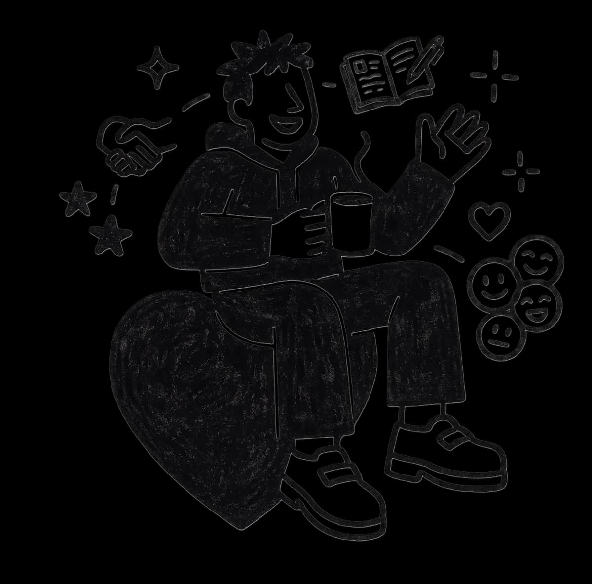 Illustration of a person sitting on a heart with a book, emojis, and stars