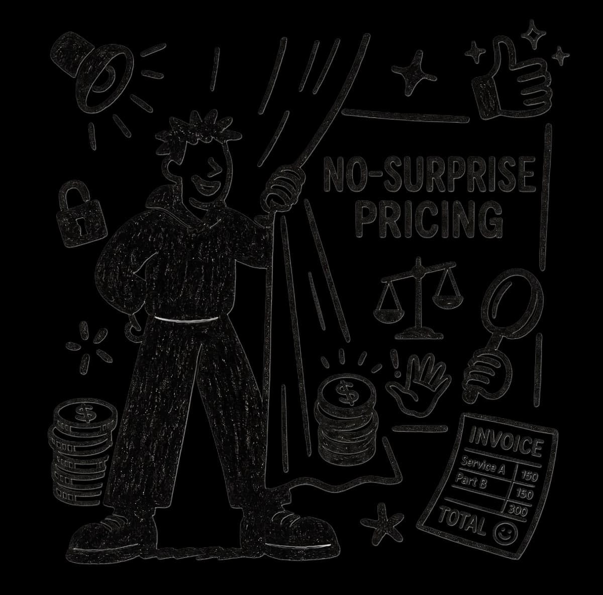 Illustration of a person revealing a no-surprise pricing sign
